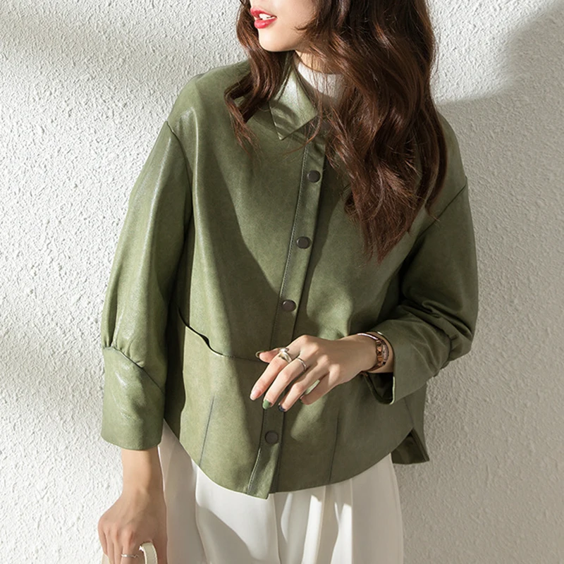 Sheepskin Coat Spring Autumn Women Matcha/Black Short Locomotive Casual Loose Lapel Single-Breasted Leather Jacket Blouses Femme