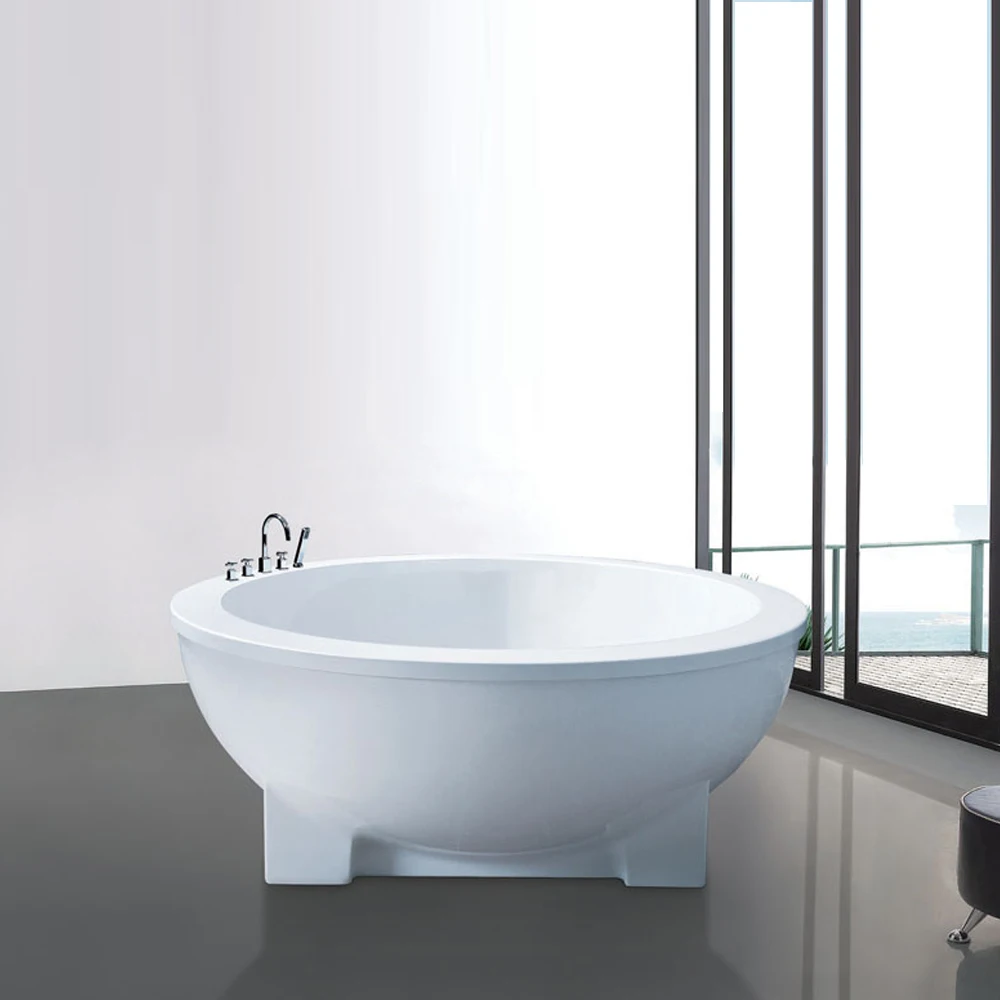 Modern 60/72 Inch Round Shape White Acrylic Bathtub Freestanding Soaking Bath with Embedded Drainer for Bathroom Application