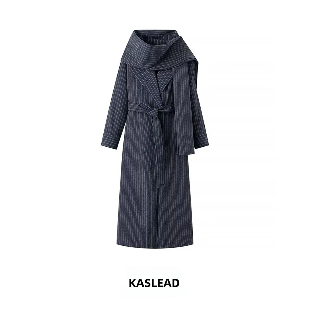 

KASLEAD Faionable Versatile Mid-Length Coat with Scarf Street Sle Straight Cut Long Sve Suit Collar Polyester Fiber