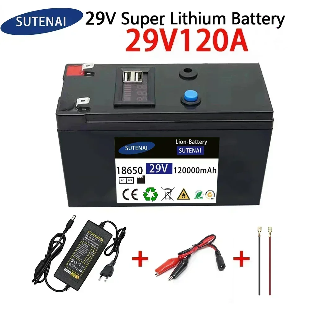 Batería de litio de 29V, 120Ah, 18650, batería recargable para batería de vehículo eléctrico de energía solar + cargador de 29,4 v2A