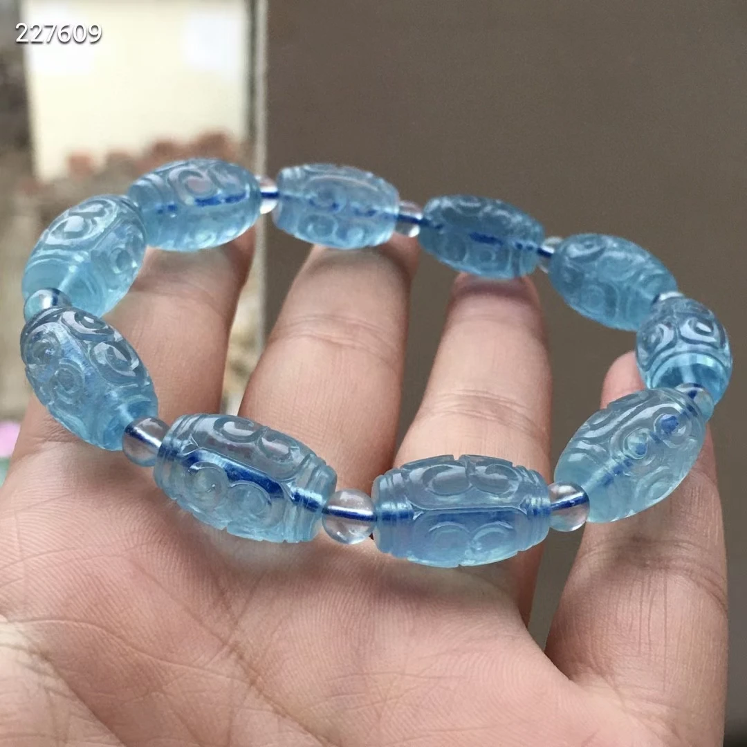 Natural Blue Aquamarine Quartz Pi Xiu Bracelet Clear Barrel Beads 17x12mm Gemstone Wealthy Stone For Women Men AAAAAAA