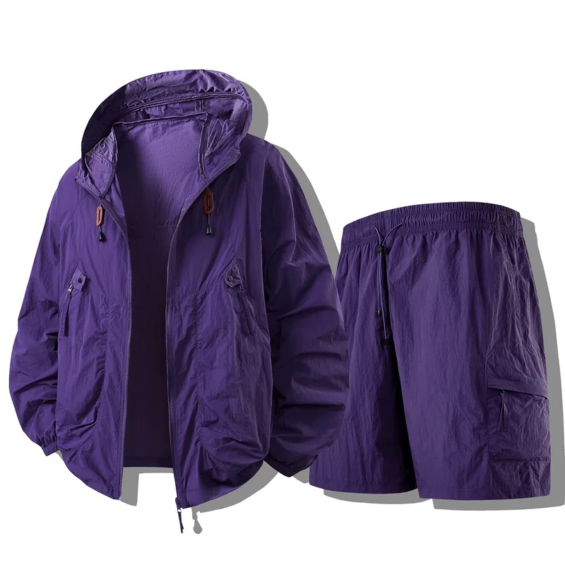 

UPF50+ New Fashion Couples Trendy Ultra-thin Hooded Sunscreen Jackets+Shorts 2 Pieces Men Summer Outwear Casual Breathable Coats
