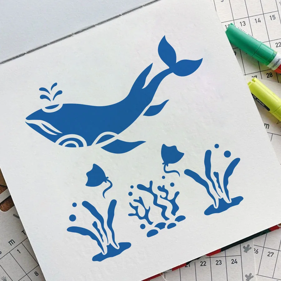 مجموعة استنسل حيوانات بحرية مكونة من 9 قطع مقاس 5.1 بوصة للرسم - قوالب رسم على شكل محيط قابلة لإعادة الاستخدام لديكور قماش خشبي للحائط