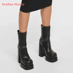 2024 Black Leather Platform Ankle Boots News Simple Women's Side Zipper Chunky High Heel Round Toe Night Club Anti-slip Shoes