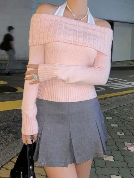 

Women's Sweater 2026 Spring Autumn New Off Shoulder Solid Color Casual Long Sleeved Slim Fit Daily Sweater Top