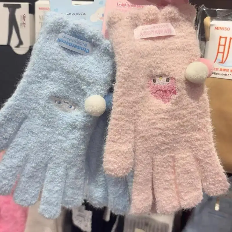 1 쌍 헬로 키티 만화 두꺼운 따뜻한 장갑 귀여운 산리오 플러시 장갑 라인스톤 장식 크리스마스 생일 선물 학생용