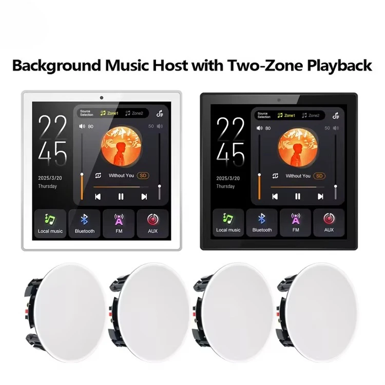 4'' Background Music Host with 2 Zones Playback 4*25W Intelligent Bluetooth Wall Amplifier Touch Screen Music Volume Controller