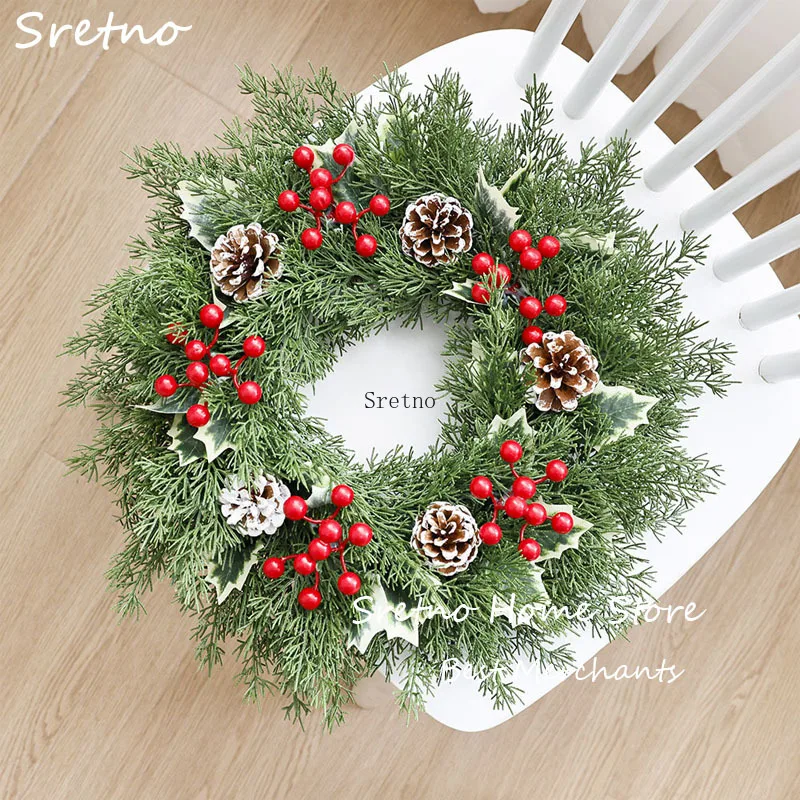 

SRETNO Christmas Decorations Wreath Artificial Plants Red Berry Pine Needles Pine Cones Christmas Vines Home Decoration Garlands