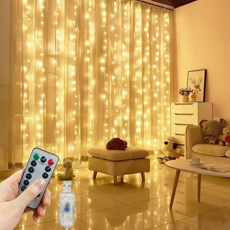 USB Curtain String Lights 8 Lighting Modes Christmas Festoon Garland Wedding Holiday Party Home Bedroom Decoration Fairy Lights