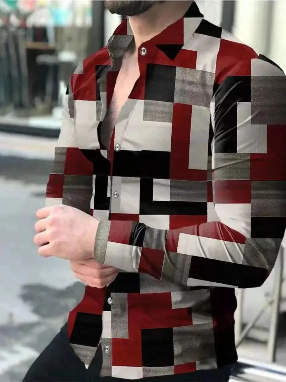 

Slim Fit Long Sve 3D Printed Lapel Men's irt Ele Faionable Print Design Comfortable Wear for Autumn Season