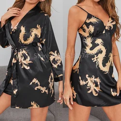 Sexy Robe Set Women Black Kimono Print Dragon Spaghetti Strap Cozy Bathrobe Gown Summer New Loungewear Nightgown Sleepshirt