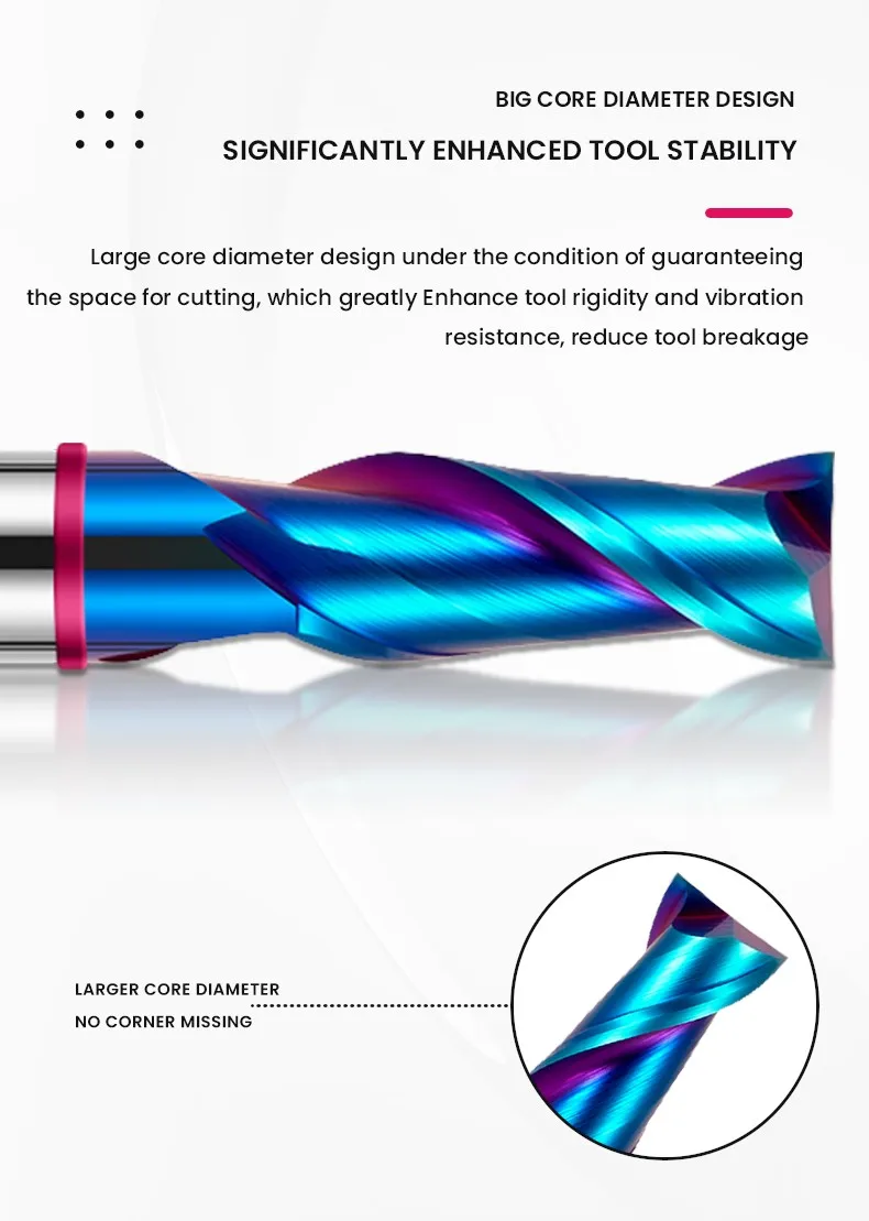 AZZKOR TGP-HRC70 2F Schaftfräser mit blauer Nano-Beschichtung, farbiger Ringmarkierung, aus Wolframstahl-Hartmetall, mit flachem Boden, für CNC-Maschinen. – Detail 3