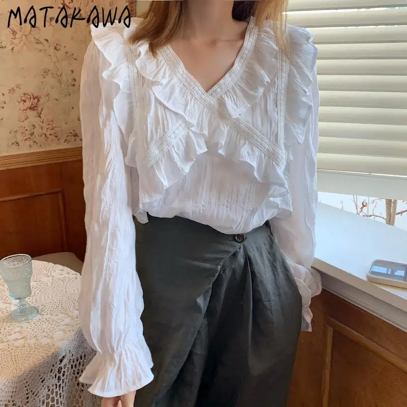 

Matakawa Korean Fashion Blouses Ruffles Solid Elegant Sweet V Neck Women Shirts Spring Autumn Elegant Retro Blusas Feminina