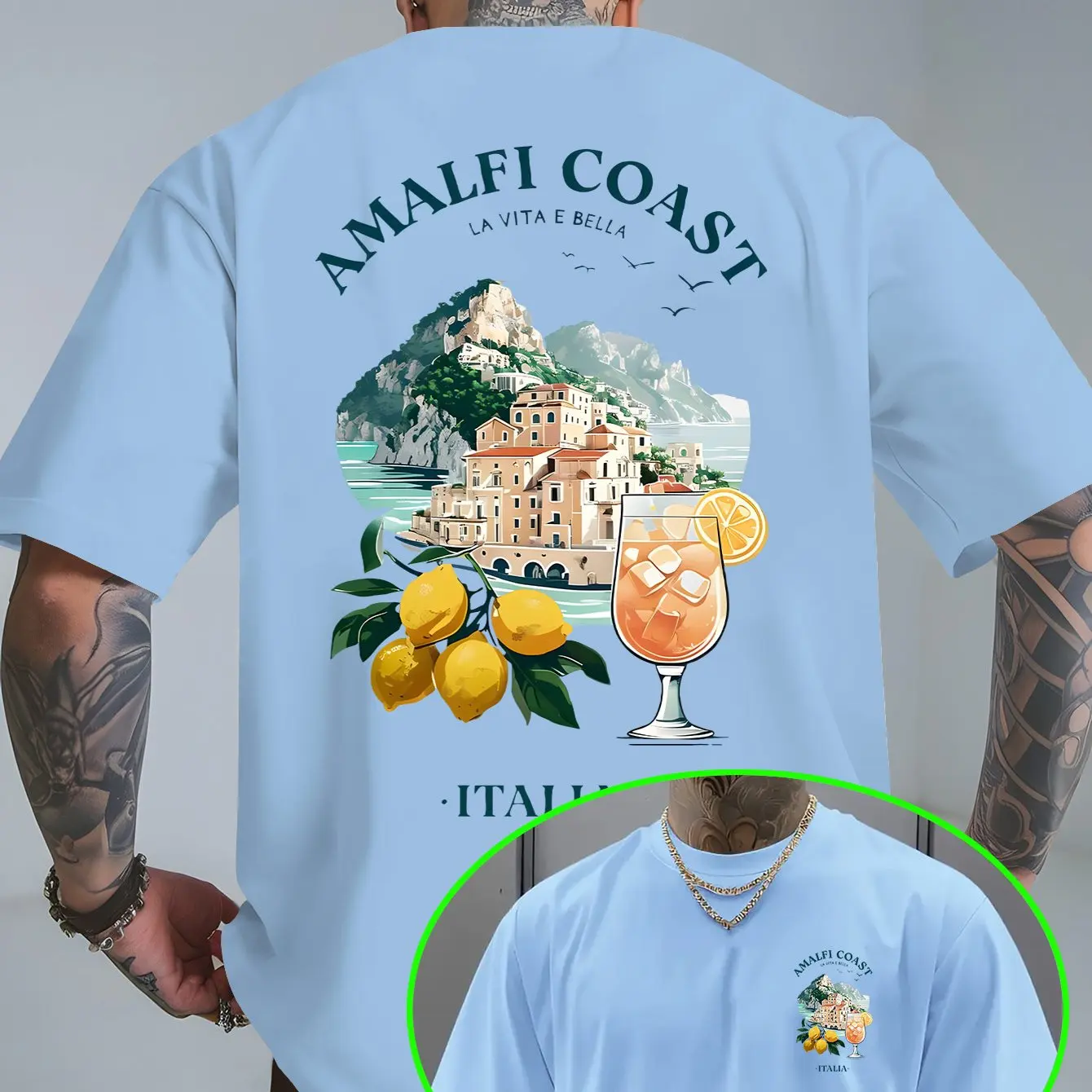 Herren-T-Shirt mit italienischem Amalfi-Küstenmuster, 100 % Baumwolle, Sommerurlaub-T-Shirt, atmungsaktives, lässiges Kurzarm-Oberteil – Detail 5