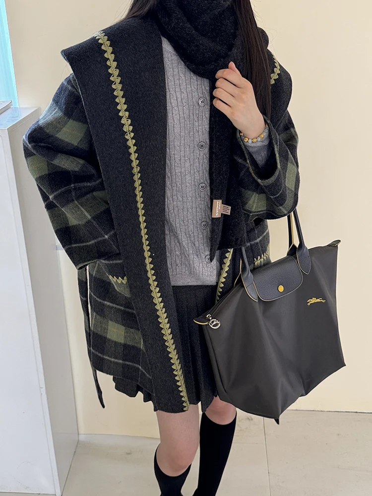 오피스룩 알파카 울 혼방 재킷 2025 가을 겨울 큰 칼라 체크 레이스업 루즈핏 여성 숏 울 코트