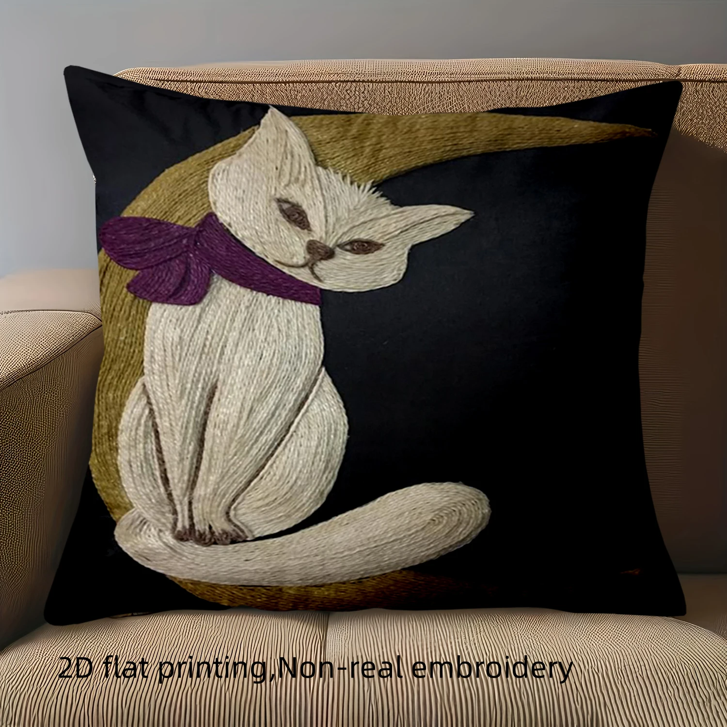 Double Sided Cute White Cat Patterned Decorative Pillowcase - 2D Flat Printed Sofa Cushion Cover with Lace Edge Decor, 1 Piece