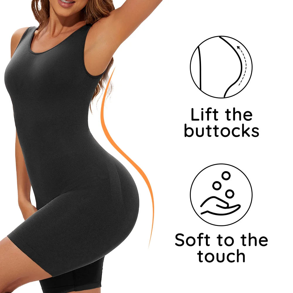 ALLBASE Seamless Bodysuit Bodysuit Butt Lifter Shapewear Waist Trainer Body Shaper Snactch Waist Shapewear Wide Shoulder Black