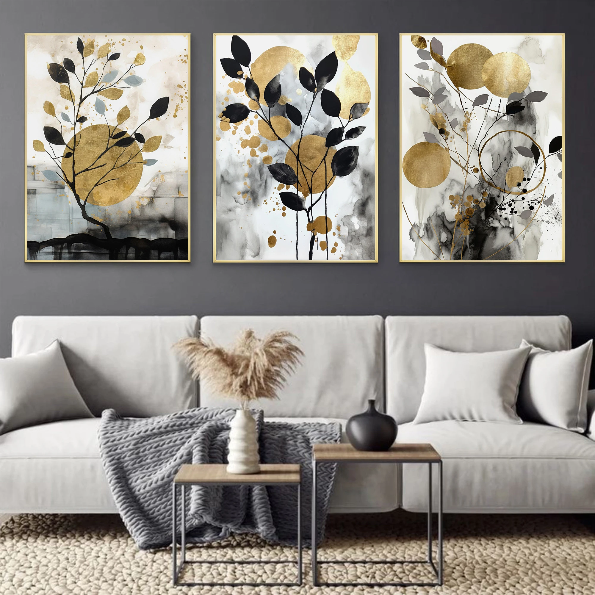 Modern Minimalist Black Golden Plant Art Sun Abstract Posters Prints Canvas Painting Wall Art Picture Living Room Home Decor