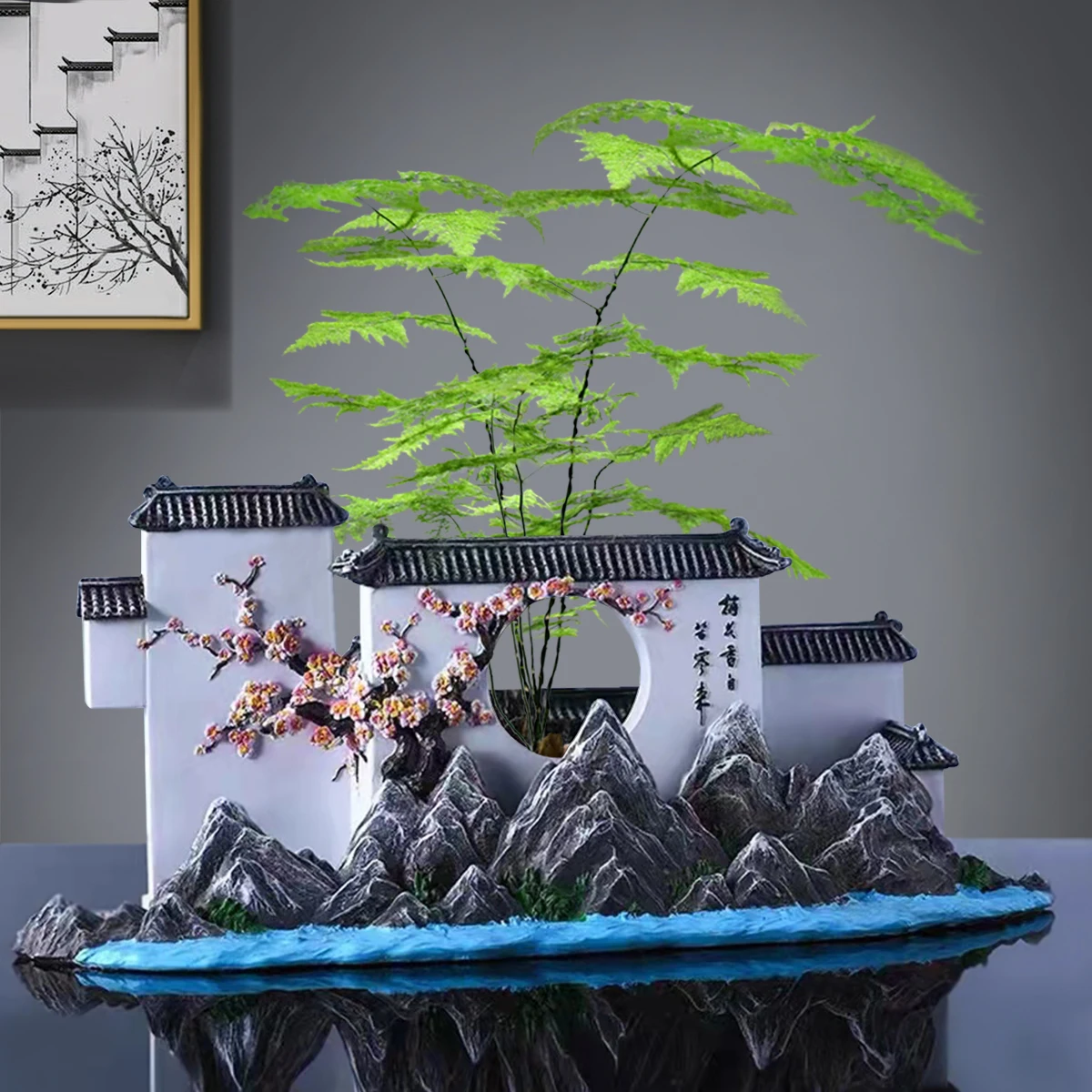 New Chinese retro creative micro architecture resin Jiangnan garden culture home desktop bonsai gift ornaments