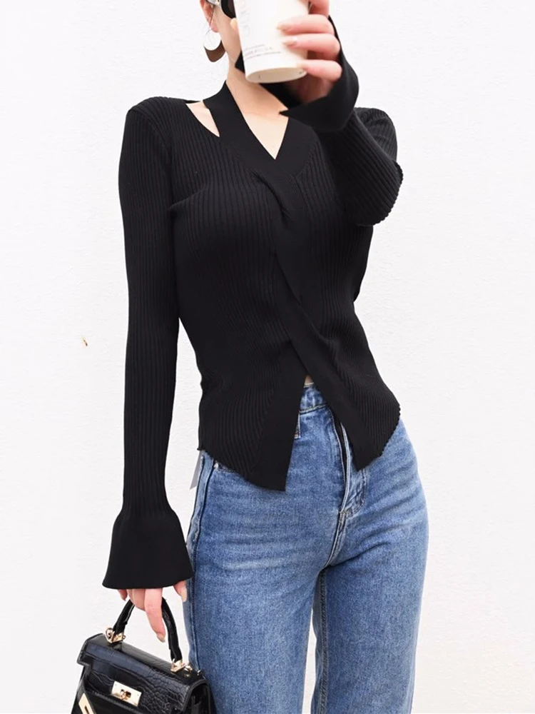 Women\'s Blouse Chic Hollow out Sexy knitted Pullovers for Autumn Female Korean Clothing Solid Full Sleeve Bottoming Shirt C-080