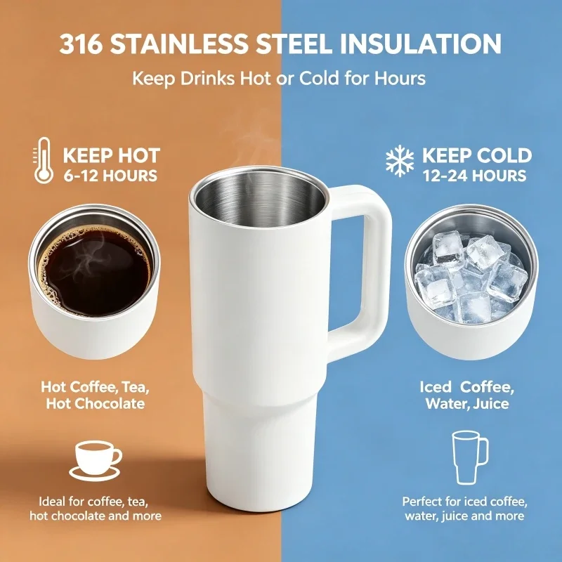 1200ml 40oz 316 Stainless Steel Car Tumbler With Handle Straw Lid Three Drinking Ways Insulated Hot Cold Travel Water Mug