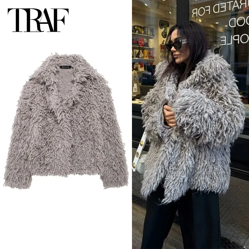 TRAF Knitted Faux Fur Coat 2024 Women's Warm Winter Short Jacket Elegant Long Sleeve Cropped Plush Parkas New In Outerwears