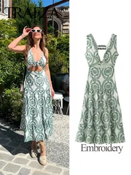 TRAFZA 2024 Woman Summer Long Dresses Green Embroidery Sleeveless Sexy Backless Dress Female Beach Style For Holiady Vestidos