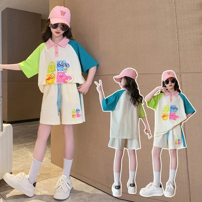 

Summer Girls Cotton Contrast Cartoon Preppy Shirt Tops+Drawstring Shorts Pant Set School Kids Tracksuit Child Outfit 5-16 Years