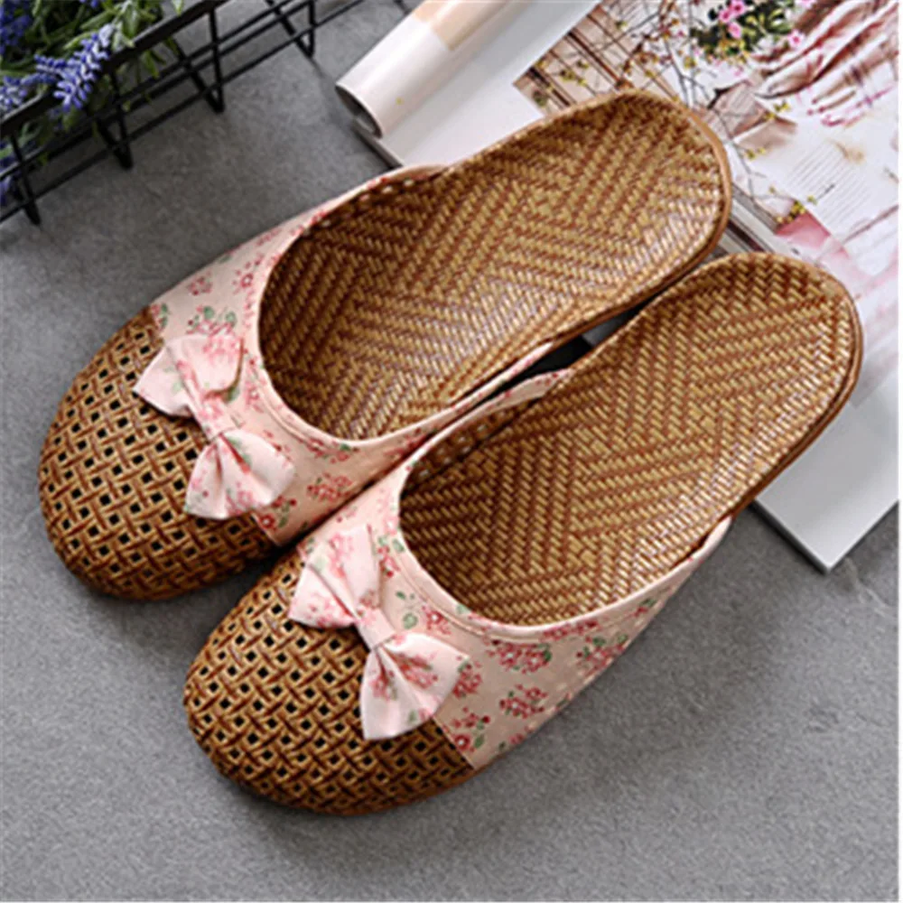 Summer Shose Women Slippers Beach Flip Flops Breathable Linen Flat Slippers Female Casual Flax Bow Ladies Slippers Sandals Shoes