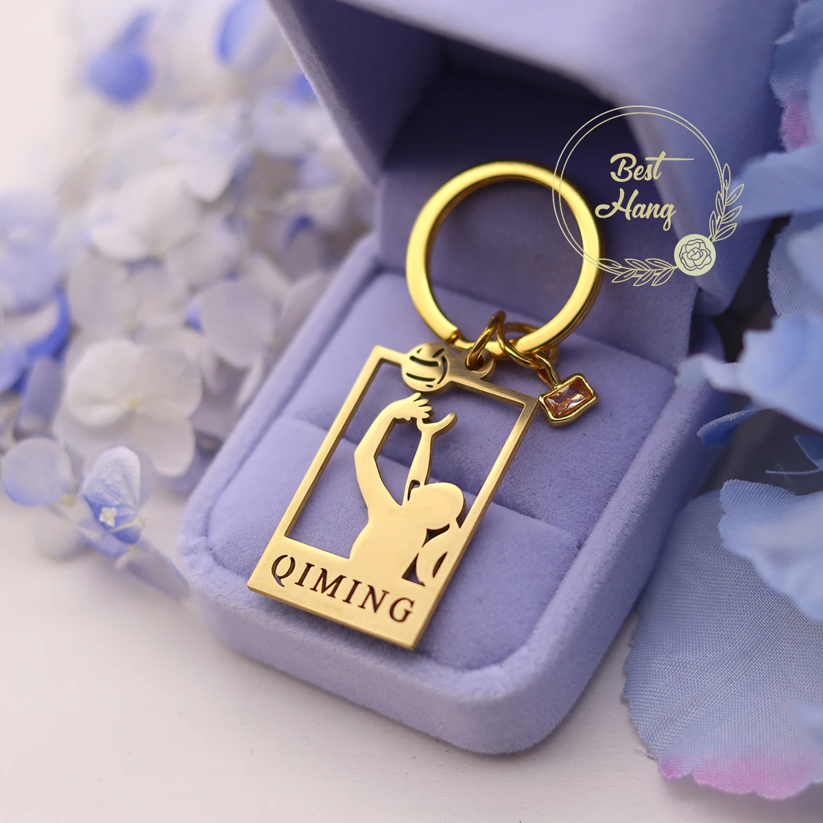 

Customized Sporty Basketball Birthstone Keyring Custom Name Shoot at the Basket Ball Stainless Steel Nameplate Keychain Gift