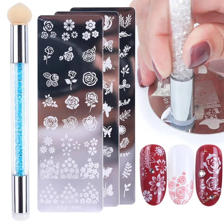 Nail Stamping Plates Set Silicone Stamper Brush Nail Art Stamp Polish Transfer Stencils Flower Geometry Template Tools Maniucre