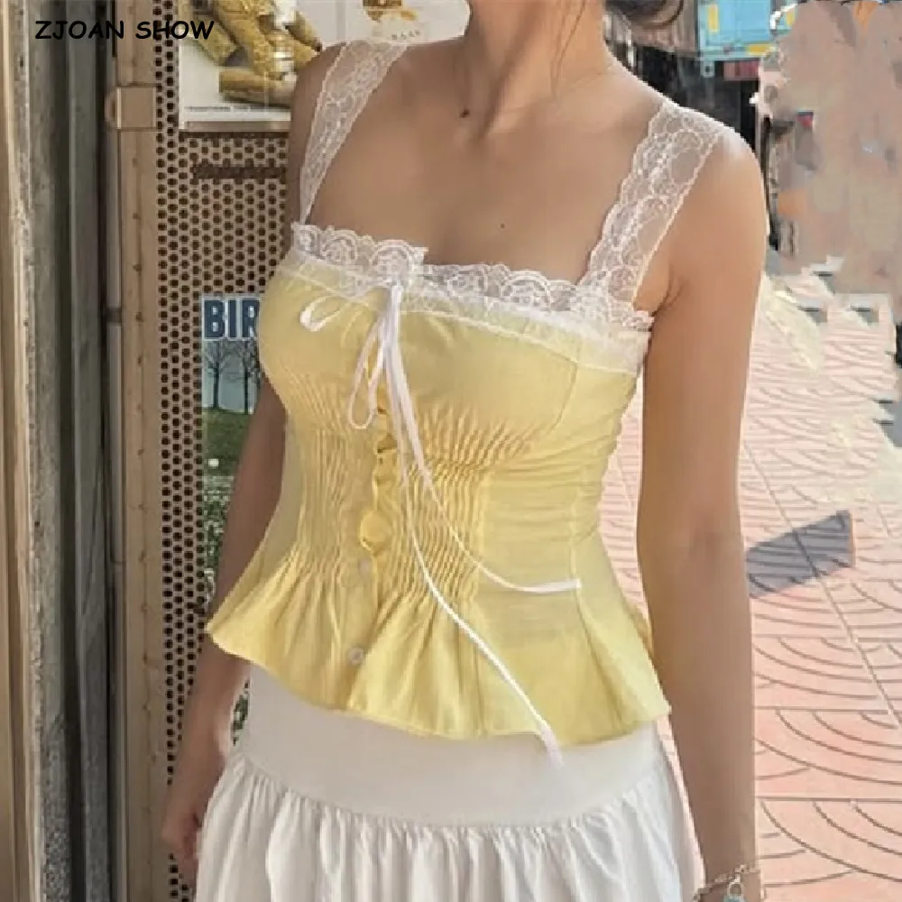 

2025 Желтый сращенный кружевной воротник с лентой и бантом на ремне, сексуальный корсет, женские топы на бретелях, плиссированные укороченные топы с тонкой талией и пуговицами