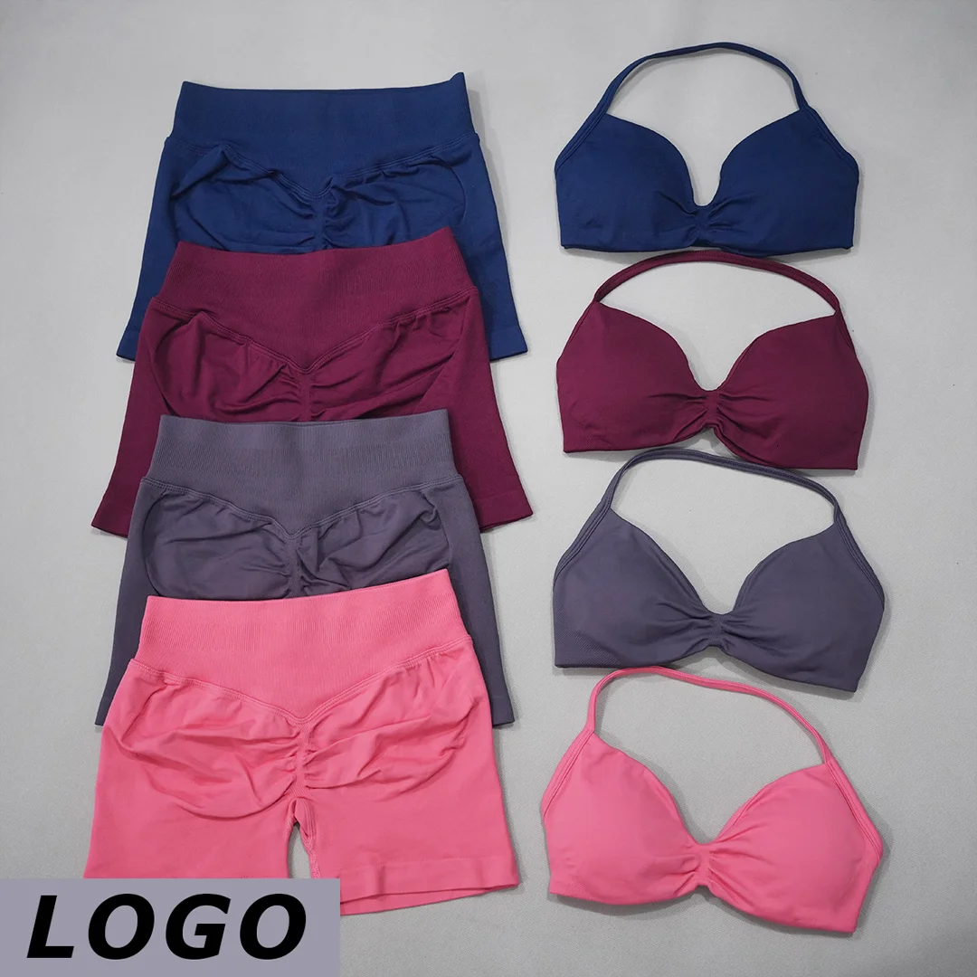 DF LOGO Women 2‑Piece Yoga Outfit Lace Up Sports Bra High Waist Seamless Short Leggings Elastic Gym Cycling Running Fitness