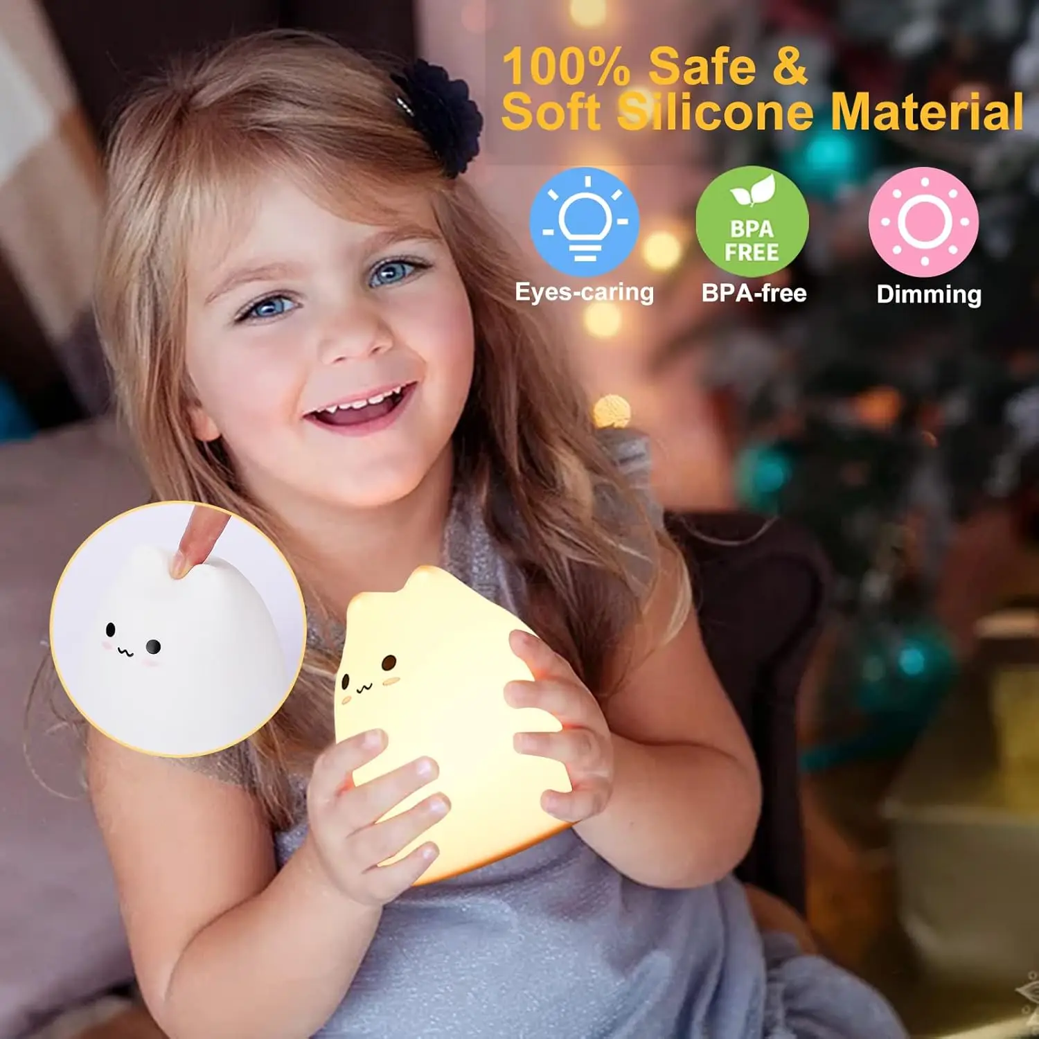 Linda luz nocturna de gatito, lámpara de silicona alimentada por batería con blanco cálido y modos de respiración de 7 colores, Control de Sensor táctil, regalo para Ho