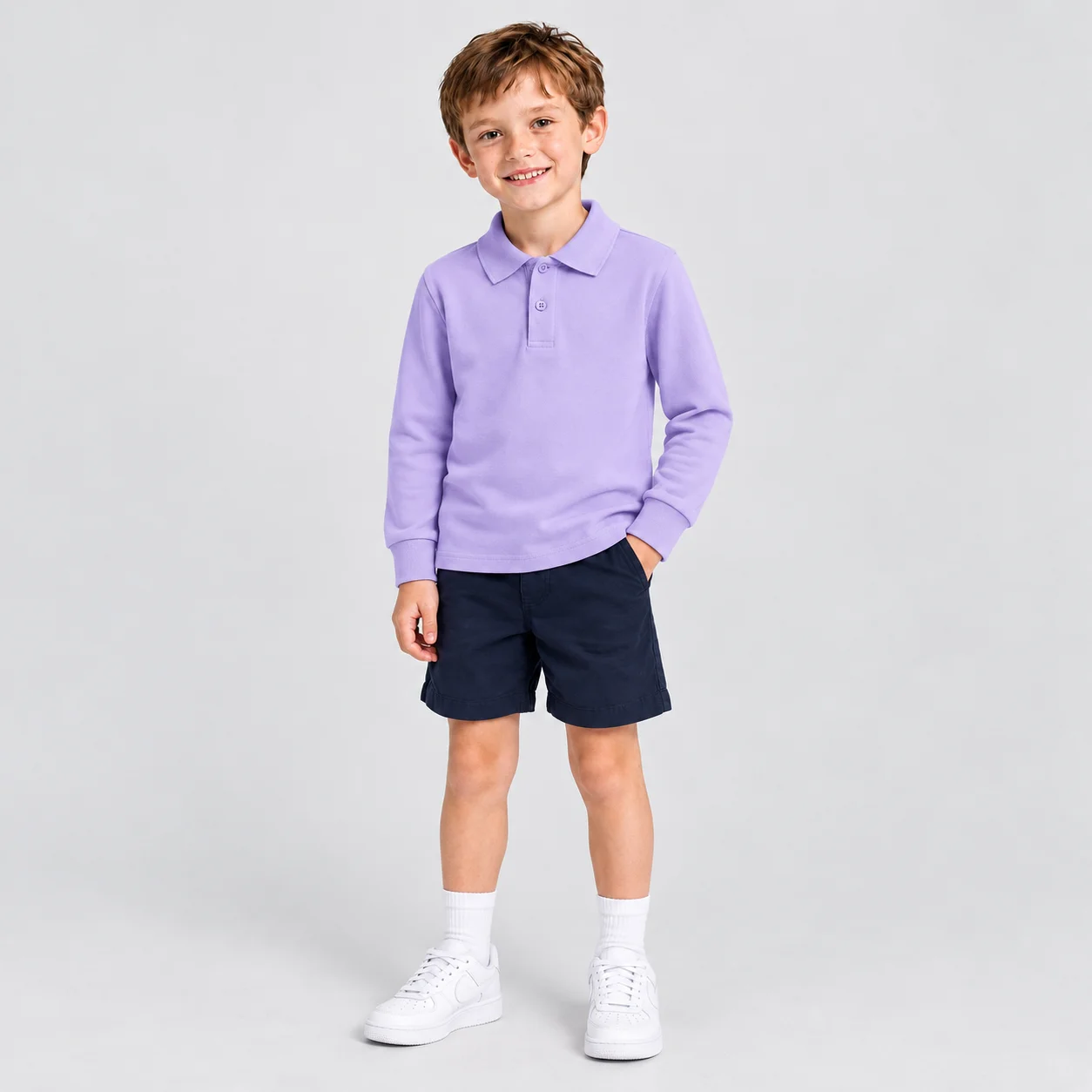 Classic Collar Kids Polo Top Long Sleeve Two Button Placket Ribbed Cuff Soft Breathable Fabric School Daily Wear Shirt
