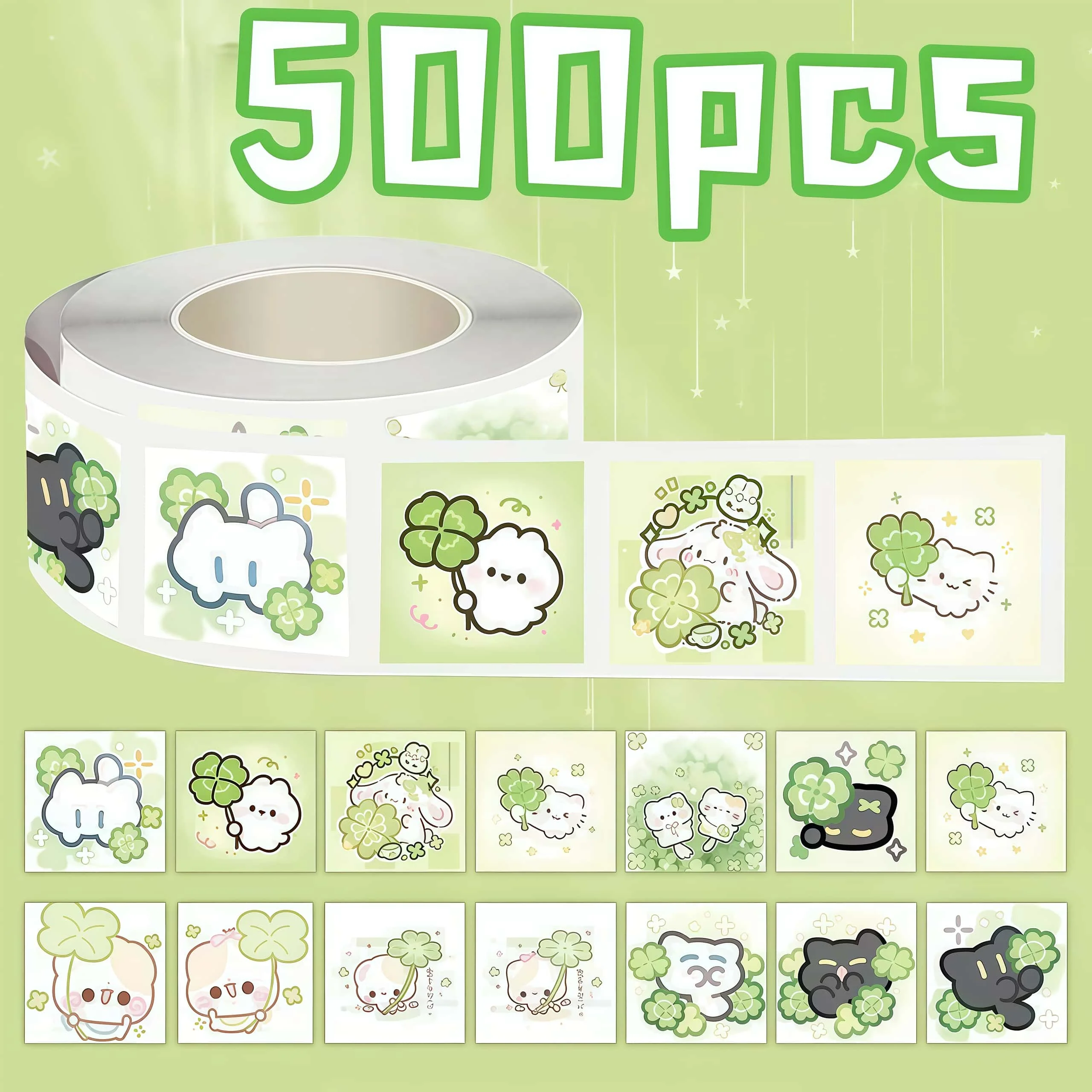 500Pcs Green Clover Cute Animal Sticker Roll, Soft Pastel Lucky Four-Leaf Pet Decals for Journaling Package Sealing DIY Craft