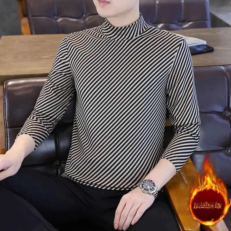 New Warm Semi High Neck Striped Base Shirt for Men, Slim Fit with Double-sided Velvet Long Sleeved Shirt for Inner Lining TOP