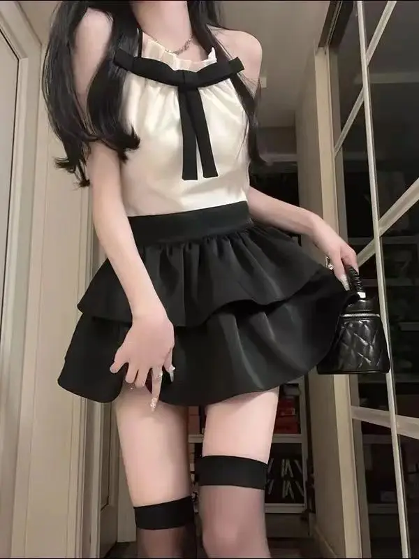 

Sexy Hot Girls New Summer Women Two Piece Skirt Sets Bow Tie Sleeveless Vest Tops + High Waist A Line Mini Skirt Female Outfits