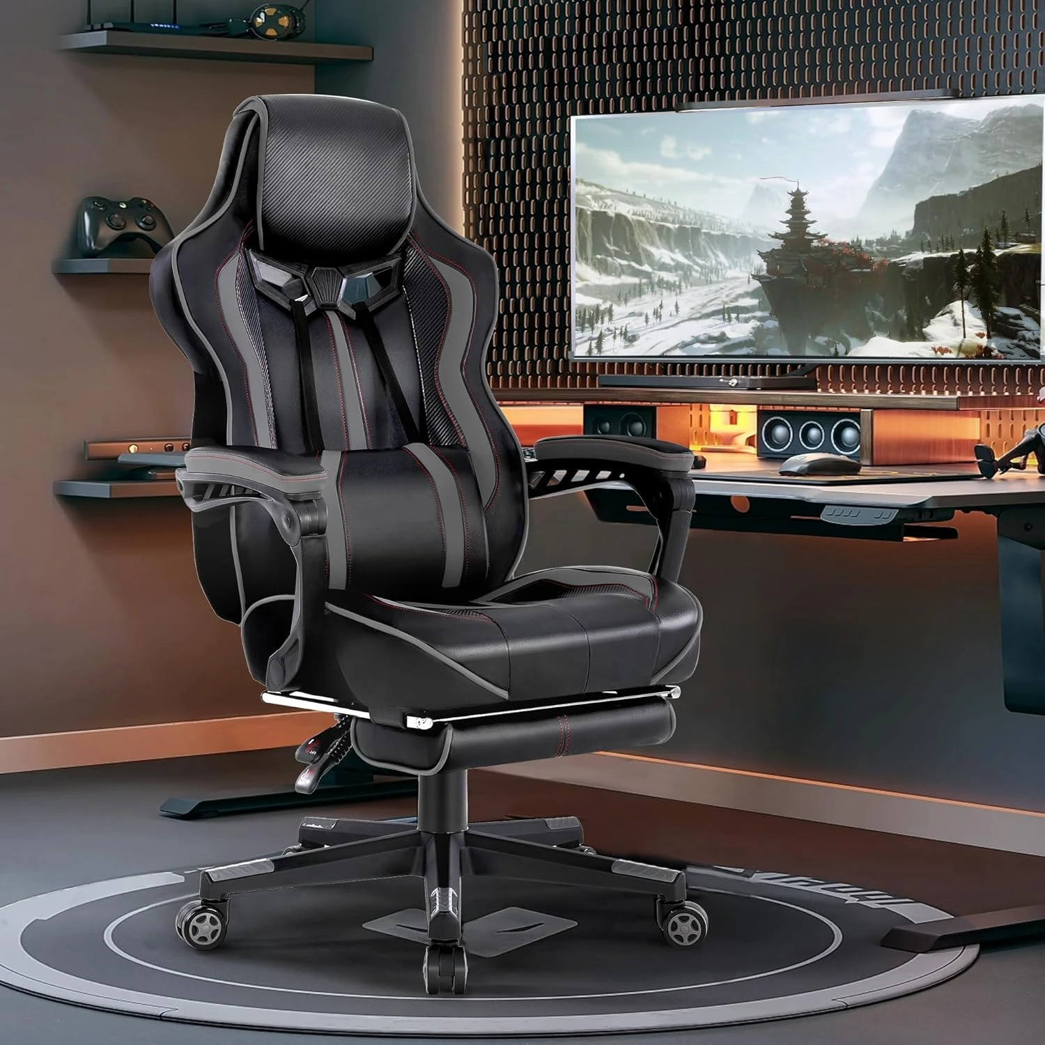 Computer gaming chair with foot pedals - Ergonomic gaming chair - Racing chair with lumbar pillow (gray/black)