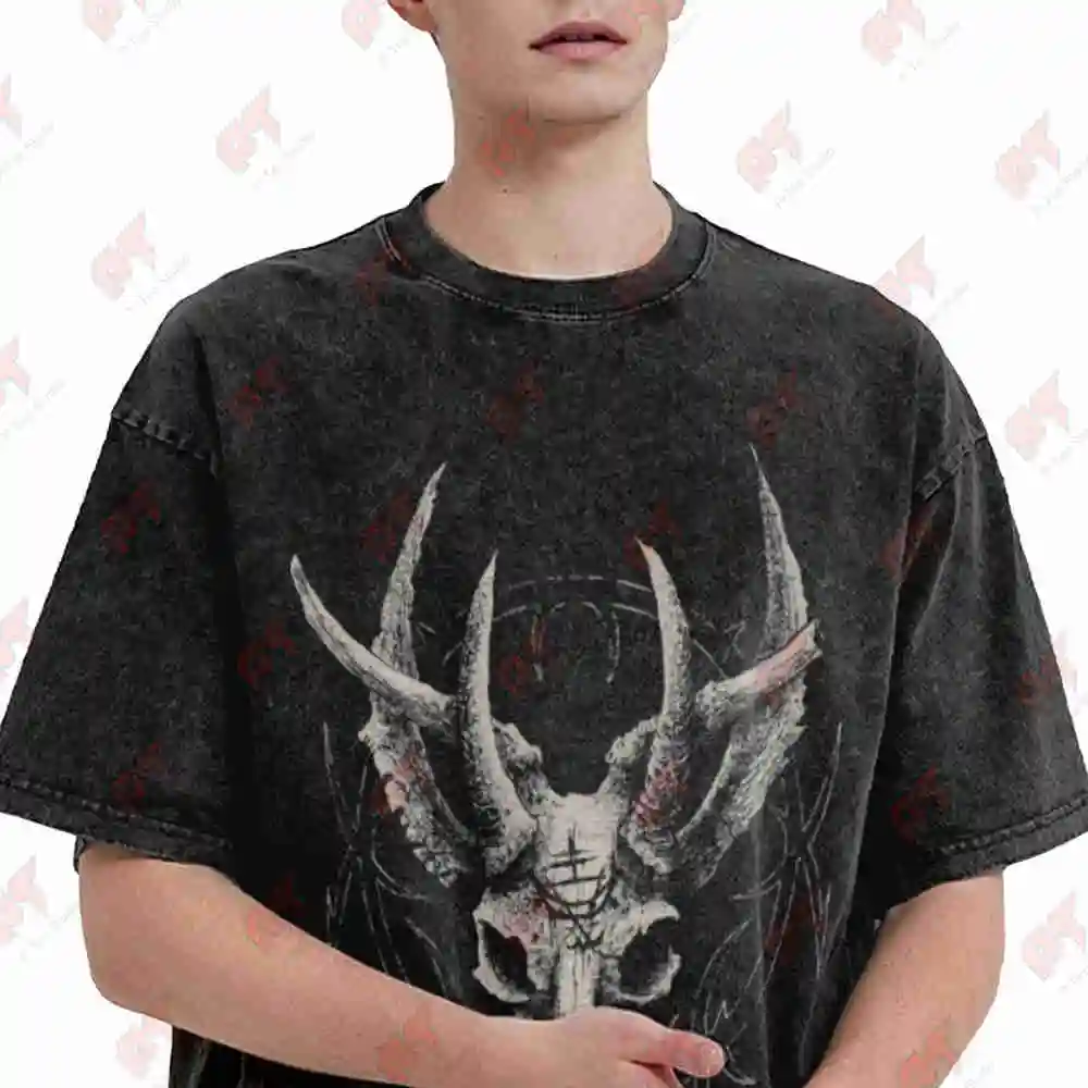 Deer Skull Antler Gothic Occult Stag Pagan Wendigo Dark Forest Vintage Washed Tee Pure Cotton T-Shirt