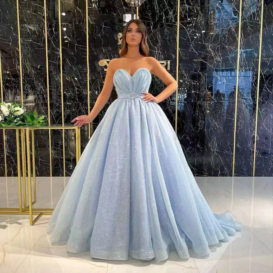 

Elegant blue Celebrity Party Dress Sweetheart floor-length Sparkly pleated Organza ball Dress Dubai Arabian Evening Dress