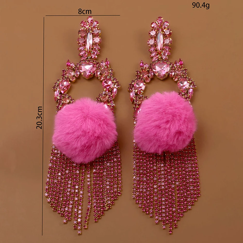 Hollow Pink Exaggerate Tassel Earrings Women Fur Pompon Decoration Statement Large Rhinestone Dangle Earrings Sparkly Jewelry