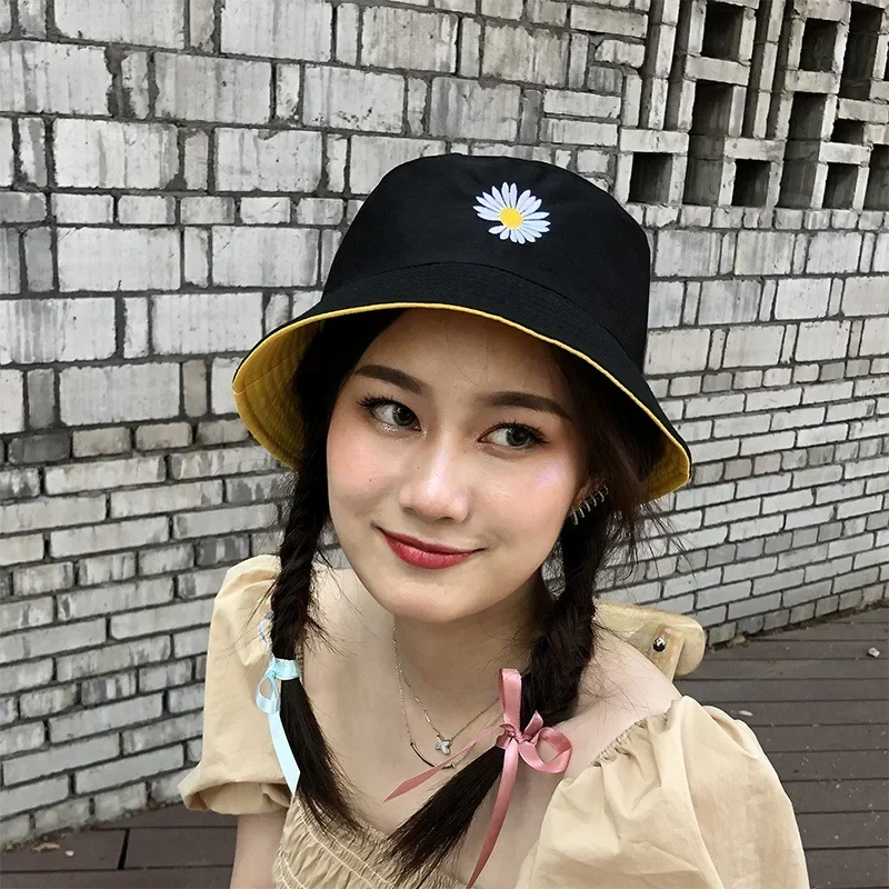 New Small Daisy Double-sided Bucket Hats for Women  Spring and Summer Sunshadesun Hat  Thin Pink Panama Cap Korean