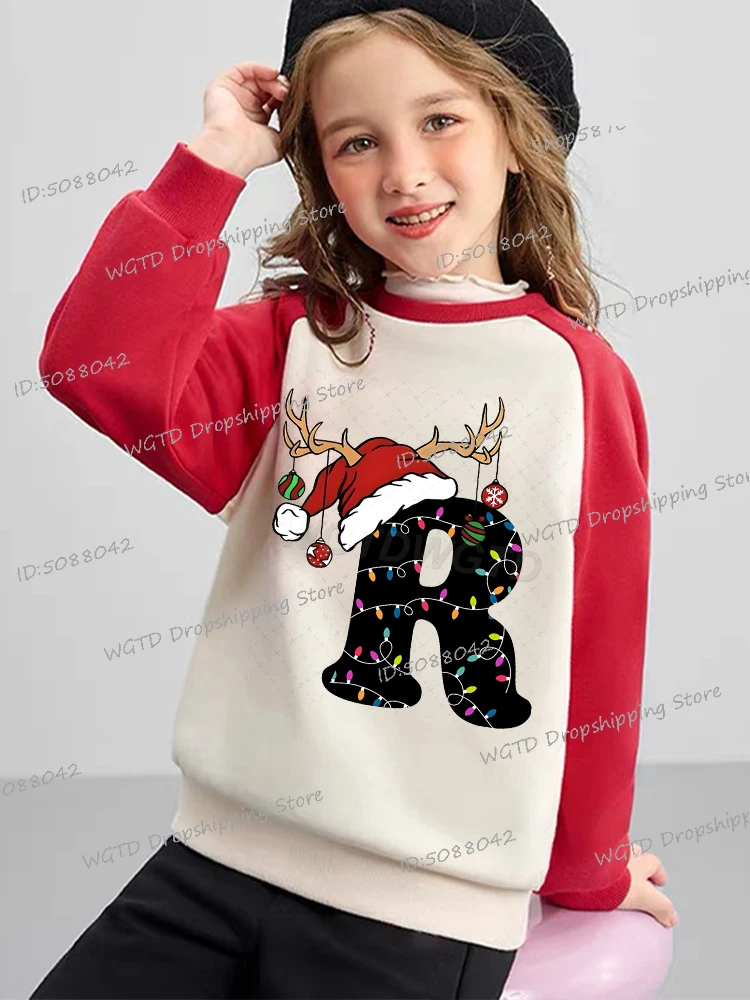 Divertida sudadera navideña con estampado del alfabeto raglán para otoño e invierno, sudadera informal de manga larga para niños y niñas, jersey de Feliz Navidad, regalos