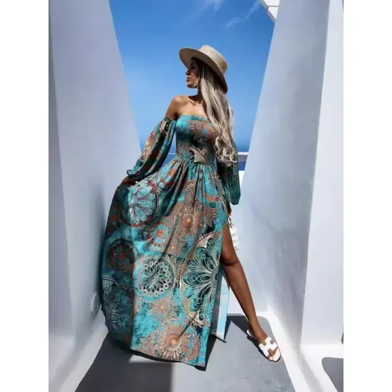 Nuovo abito lungo stampato senza spalline a maniche lunghe con collo a una linea che crea un vestito bianco dall'aspetto rilassato e alla moda