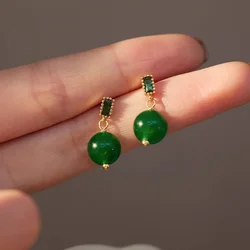 Minar Wholesale Green Color Jade Natural Stone CZ Cubic Zirconia Drop Earrings for Women 14K Real Gold Plating Copper Jewelry