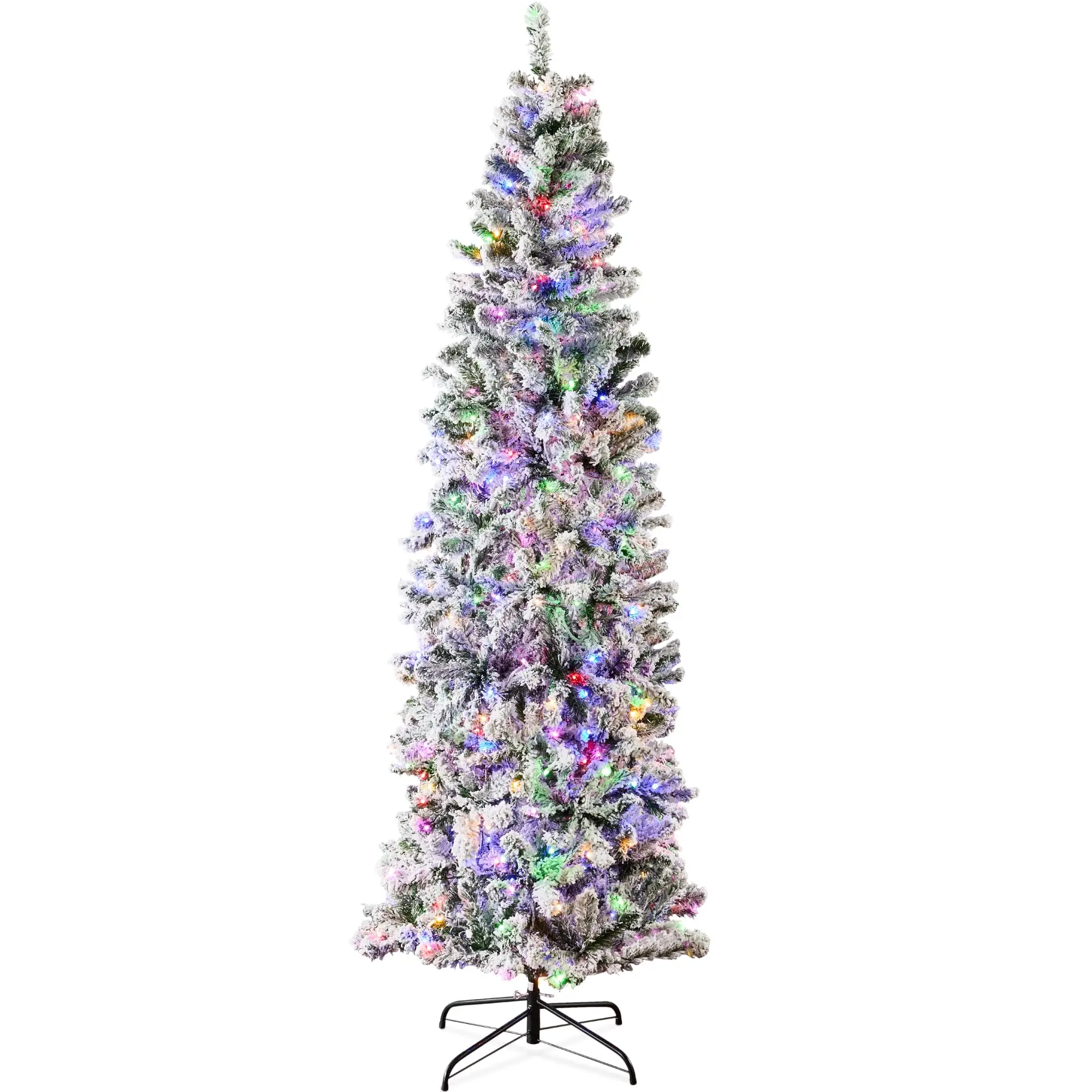 Flocked Pencil Christmas Tree, Pre-Lit Slim 7.5ft Artificial Holiday Decoration, 2-in-1 White & Multicolor Lights