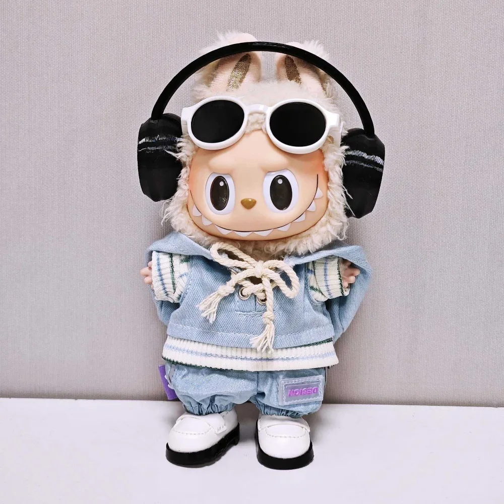 Für 17 cm Labubu Puppe Kleidung Outfit Denim Hoodie Hosen Schuhe Puppen Zubehör Sitzen Party Ändern Kleid Spiel Spielzeug