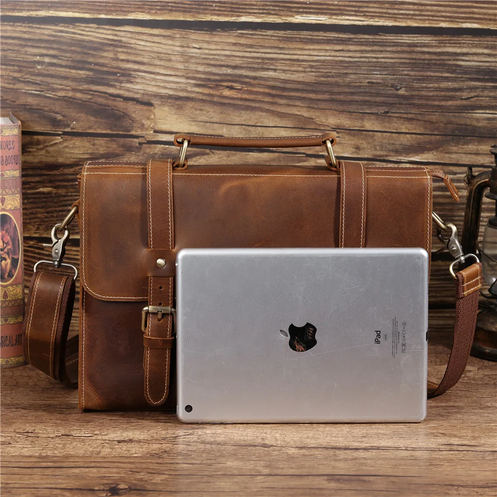 Top Briefcase Grade Male Men\'s Vintage Real Crazy Horse Leather Messenger Shoulder Portfolio Laptop Bag Case Office Handbag 1095