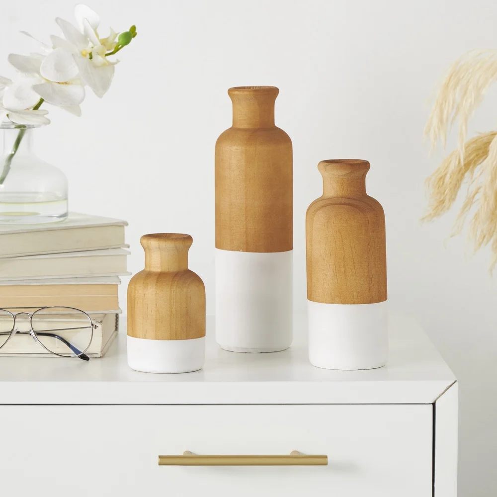 

Colorblock Wooden Vase Set of 3 Pine Home Decor Cylinder Design Stylish Centerpiece Gift Indoor Use Modern Farmhouse